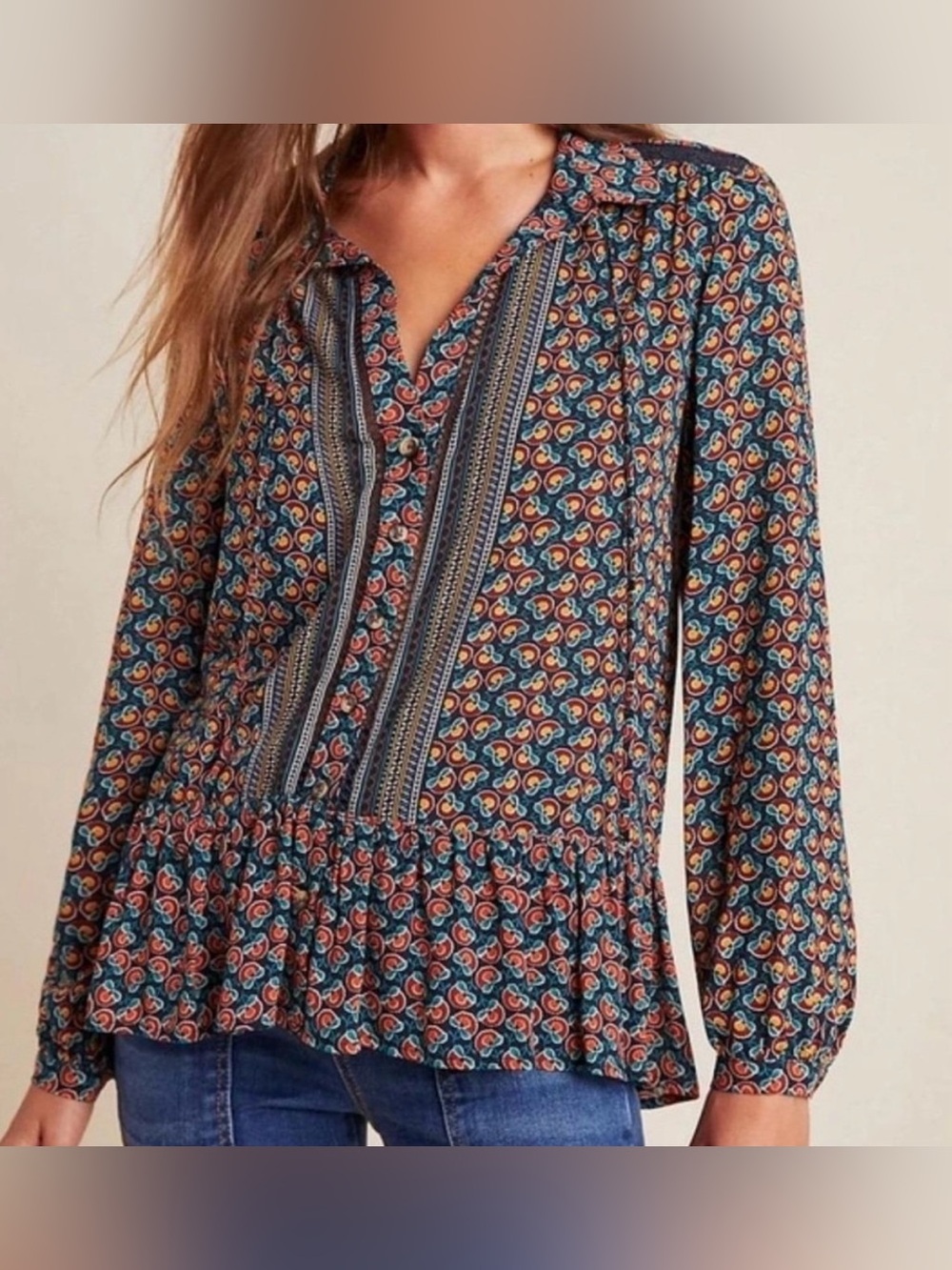 Maeve by Anthropologie Multicolor Multiprint Button-Front Peplum Blouse - Size 4